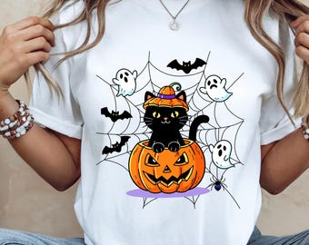 Black Cat Pumpkin Halloween Shirt, Spooky Ghost Kitty T-Shirt, Funny Cat Mom Tee