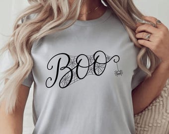 Boo Spiderweb Halloween Shirt, Scary Ghost Typography T-Shirt, Minimalist Spooky Season Tee