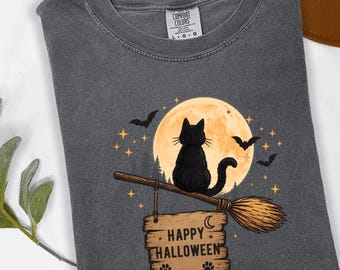 Happy Halloween Cat Broomstick Shirt, Full Moon Witchy Cat T-Shirt, Spooky Season Kitty Gift