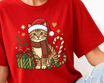 Christmas Kitty Shirt, Meowy Christmas Tabby Cat Mom T-Shirt, Santa Kitten Xmas Party Tee