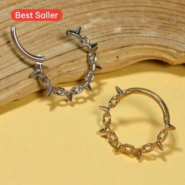 16G Silver Titanium Spiked Clicker Ring– Hinged Septum Daith- Nose Hoop Punk Gothic- Hypoallergenic G23 Titanium Hoop- 8mm/10mm