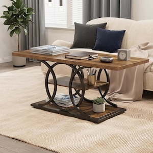 4-Tier Sofa Table with Round Circle Base, 47" Rustic Brown Console Table, Industrial Narrow Wood Entryway Table with Storage Shelves