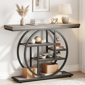 4Tier Storage Shelve 41"Gray Narrow Console Table with Industrial Sofa Table with Round Metal Frame, Entryway Table for Hallway/Living Room