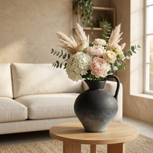 Rustic Black Ceramic Vase with Handle | Handmade Textured Farmhouse Flower Vase | Vintage Clay Decor for Mantel Console Table Shelf