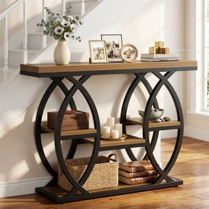 4 Tier Storage Shelves 39" Narrow Console Table with  Black Wood Entryway Table with Metal Frame, Slim Sofa Table for Hallway & Small Spaces