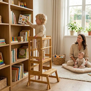 Kids Kitchen Step Stool Learning Tower Natural Bamboo Toddler Standing Tower Safety Rails  Slip Feet Foldable Adjustable Montessori Stool