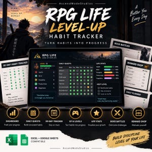 Op de afbeelding: Een digitale RPG Life Level-Up gewoonte-tracker op een laptopscherm, met dagelijkse missies, levensstatistieken en voortgangsbalken. De interface bevat secties voor baasgevechten, een beloningswinkel en een 30-dagen tracker, compatibel met Excel en Google Sheets.