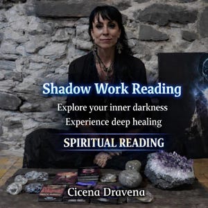 May include: An image featuring a woman with long dark hair, seated in front of a stone wall. Text overlay reads "Shadow Work Reading" and "Spiritual Reading." Various crystals and tarot cards are arranged on a wooden surface.
