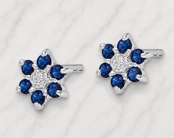 Natural Sapphire & Diamond Cluster Earrings in 925 Sterling Silver, Rhodium Plated Flower Earrings, September Birthstone Gift For Women