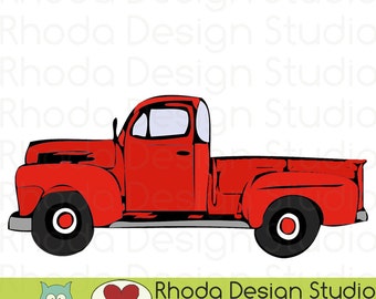 Red Vintage Pickup Truck Full Side Stamp Digital Clip Art Retro