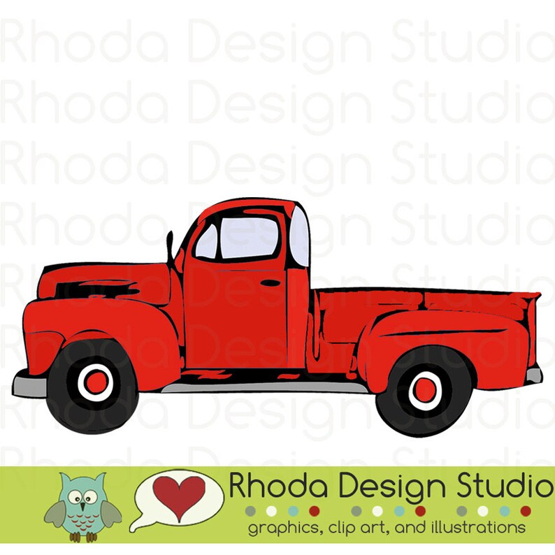 Red Vintage Pickup Truck Full Side Stamp Digital Clip Art Retro image 1