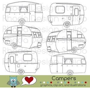 Vintage Campers Digital Clip Art Retro Camp Trailers stamps