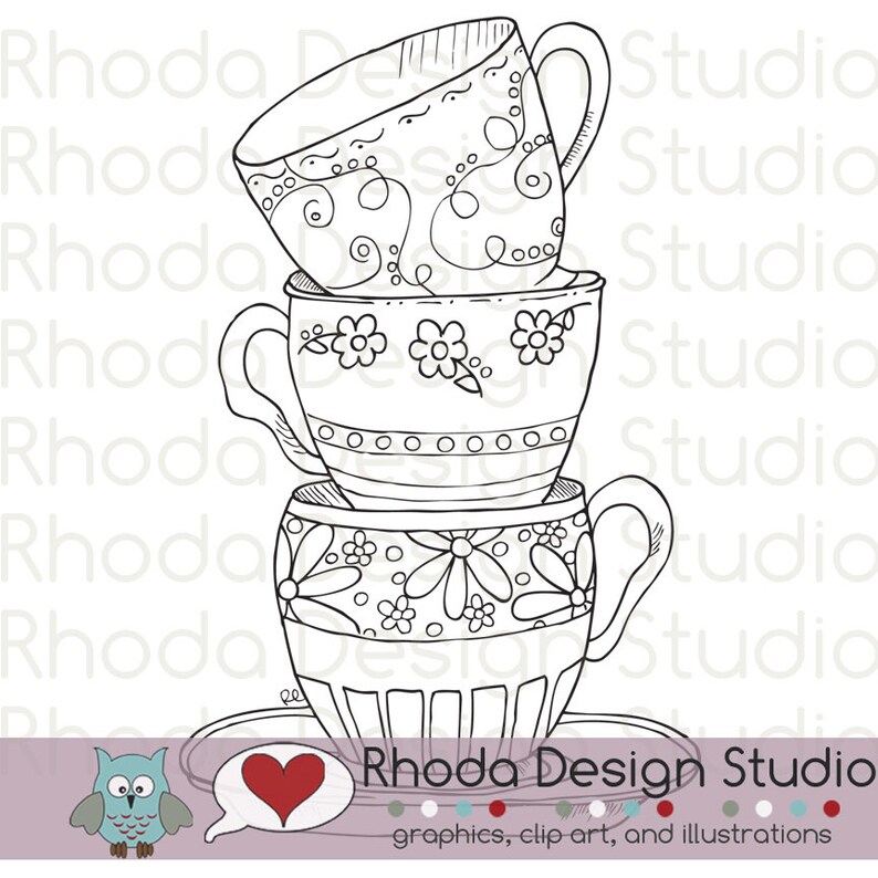 Stack of Tea Cups Digital Clip Art Coloring Stamps Etsy