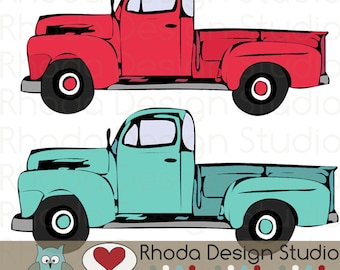 Red and Mint Vintage Pickup Truck Full Side Stamp Digital Clip Art Retro