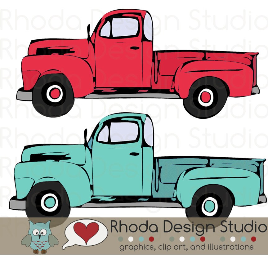 Red and Mint Vintage Pickup Truck Full Side Stamp Digital Clip Art ...