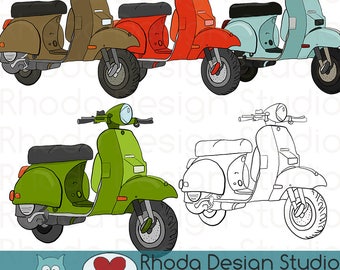 Red, Mint, Green, and Blue Moped Motorbike Scooter Stamp Digital Clip Art