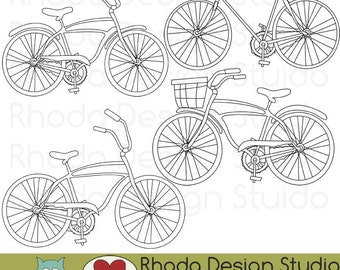 Retro Bikes Digital Clip Art Vintage Bicycles Stamps - Line Art