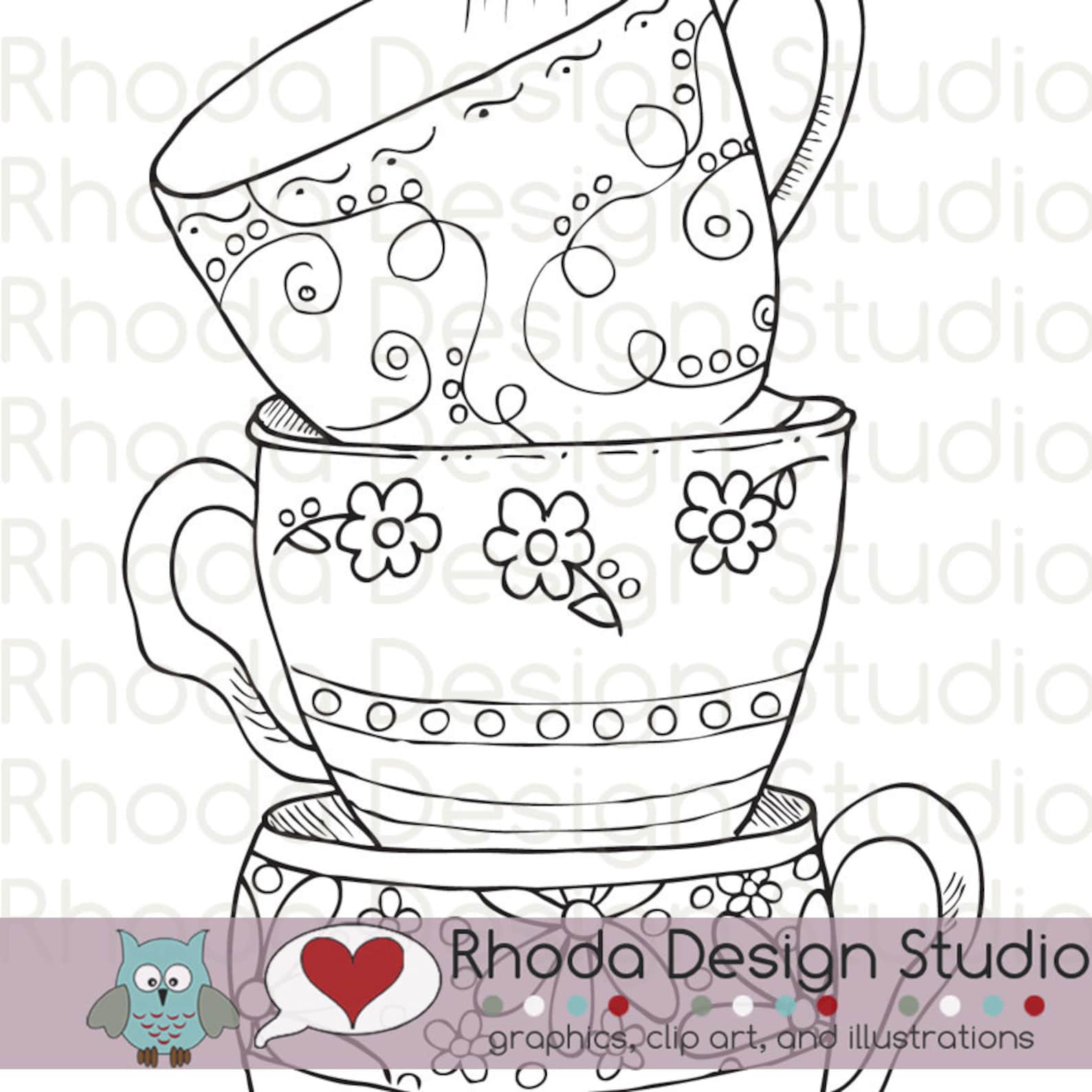 Stack of Tea Cups Digital Clip Art Coloring Stamps Etsy