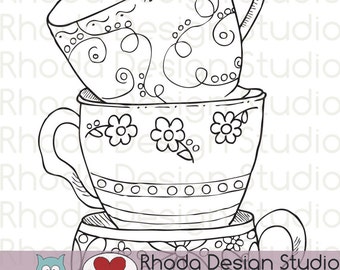 Stack of Tea Cups Digital Clip Art Coloring Stamps