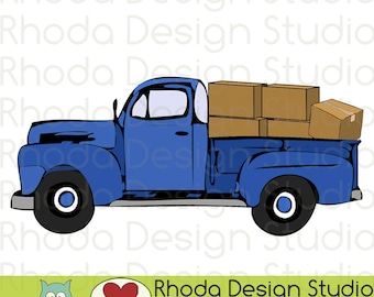 Vintage Pickup Moving Day with Boxes Truck Stamp Digital Clip Art Retro