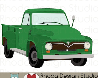 Green Route 66 Vintage Pickup Truck Stamp Digital Clip Art Retro