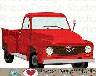 Red Route 66 Vintage Pickup Truck Stamp Digital Clip Art Retro