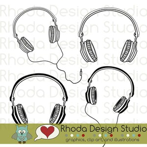 Music Headphones Digital Clip Art Retro Stamps