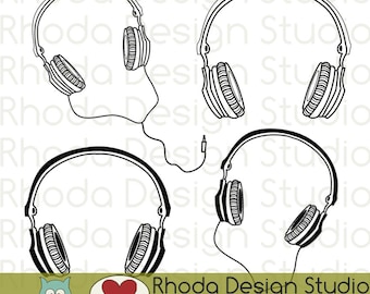 Music Headphones Digital Clip Art Retro Stamps