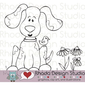 Chiot et oiseau clipart numérique timbres à colorier