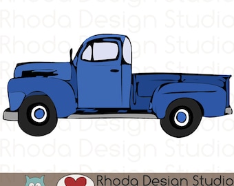 Vintage Pickup Truck Full Side Stamp Digital Clip Art Retro