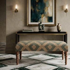 May include: A rectangular upholstered bench featuring a teal and tan diamond pattern, supported by four turned wooden legs. The bench is positioned in front of a black console table with gold accents, a sculpture, books, and a ceramic vase.