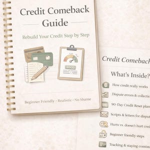 May include: A notebook with a spiral binding, titled "Credit Comeback Guide", with the subtitle "Rebuild Your Credit Step by Step". The cover shows illustrations of a credit card, documents, and a clipboard with a "GOOD" credit score. Additional text includes "Beginner Friendly, Realistic, No Shame."