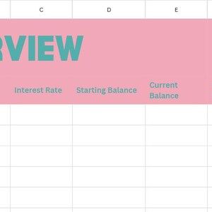 May include: A spreadsheet with a pink header that reads "DEBT OVERVIEW" in teal text. Below the header are column titles: Creditor/Lender, Type of debt, Interest Rate, Starting Balance, Current Balance, Minimum Payment, Due Date, and Goal Pay Date.