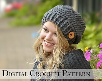 Crochet Hat Pattern | Crochet Pattern | Button Tab Slouchy Hat Pattern 020 | Women's Hat Pattern | Children's Hat Pattern | Gift for Her