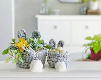 Crochet Bunny Basket | Easter Bunny Basket | Easter Basket | Easter Decor | Easter Candy Dish | Easter Plant Holder | Crochet Planter
