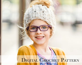 Ponytail Hat Pattern | Messy Bun Hat Pattern| Crochet Beanie Hat Pattern | Chunky Winter Hat Pattern | Top Knot Beanie Hat Pattern