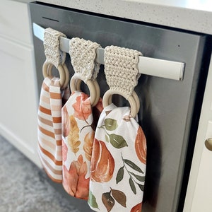 Crochet Towel Holder Hanging Kitchen Towel Holder with Rings Dish Towel Hanger Housewarming Gift image 1