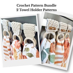 May include: Two crochet towel holder patterns with wooden rings and decorative towels. The towels feature fall-themed patterns with leaves and stripes in shades of orange, brown, and green. The text at the top reads "Crochet Pattern Bundle 2 Towel Holder Patterns."
