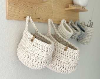 Hanging Storage Basket | Crochet Basket with Handle | Hanging Plant Holder | Farmhouse Style Home Decor | Dorm Decor | Easter Basket