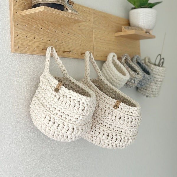 Hanging Storage Basket | Crochet Basket with Handle | Hanging Plant Holder | Farmhouse Style Home Decor | Dorm Decor | Easter Basket