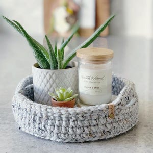 May include: A gray crocheted basket holds a small potted aloe vera plant, a succulent, and a candle in a glass jar with a wooden lid. The candle label reads "Balsam & Spice". A wooden cutting board is in the background.