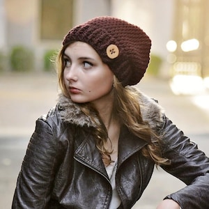 Crochet Hat Pattern – Slouchy Beanie with Button Tab, Winter Hat PDF for Women & Kids made with Chunky Yarn