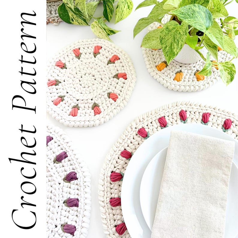 Crochet Doily Pattern - Round Placemat with Tulips, Floral Table Decor, DIY Spring Table Setting image 3