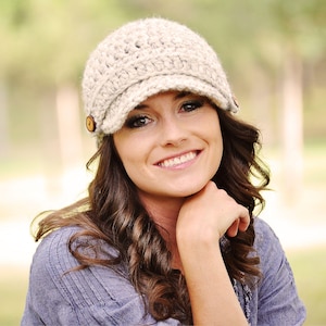 Crochet Hat Pattern - Women&#39;s Brimmed Newsboy Beanie, DIY Chunky Winter Cap