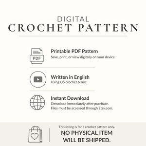 The image is a digital listing for a crochet pattern, providing options for viewing, printing, and downloading the pattern.