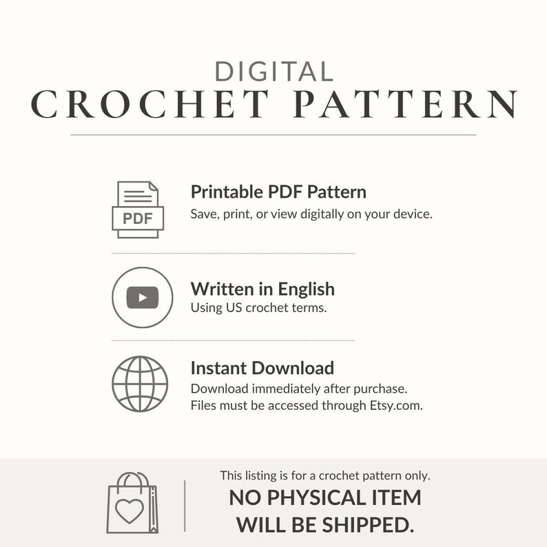 The image is a digital listing for a crochet pattern, providing options for viewing, printing, and downloading the pattern.