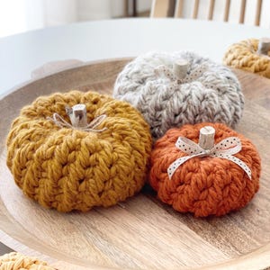 Op de afbeelding: Een verzameling van vier gehaakte pompoenen in mosterdgeel, grijs, oranje en lichtbruin. Elke pompoen heeft een dikke garentextuur, een steeltje van een klein houten stokje en een decoratief lint dat rond de basis van de steel is gestrikt.
