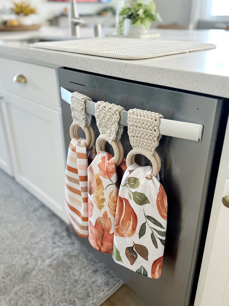 Crochet Towel Holder Hanging Kitchen Towel Holder with Rings Dish Towel Hanger Housewarming Gift image 1