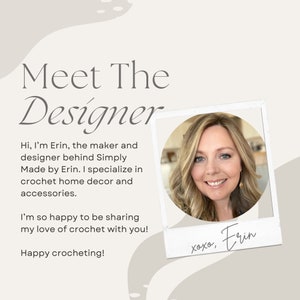 a picture of a woman's face with the words meet the designer on it