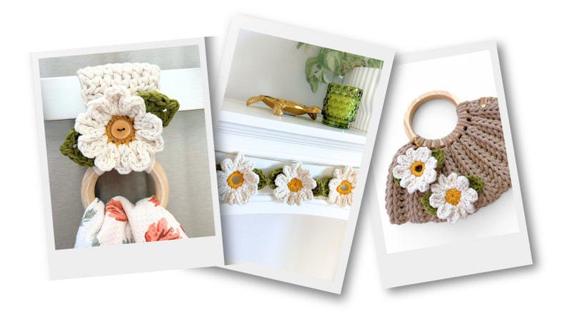 Crochet Daisy Flower Appliqué Pattern for Towel Holders - DIY Bag Charm, Spring Garland, Floral Crochet Pattern image 9